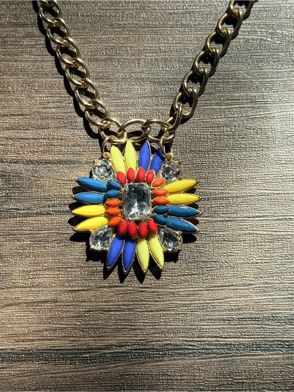 Multi coloured sunburst necklace with gold and black rope chain